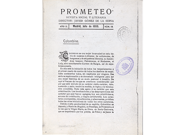 Primer texto elogioso de Ramón a Carmen de Burgos en los inicios de su relación. Prometeo, año II, n.º 9, julio 1909, p. 1. Biblioteca Nacional de España