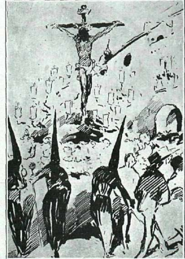 Nazarenos con sus capirotes delante de un paso procesional