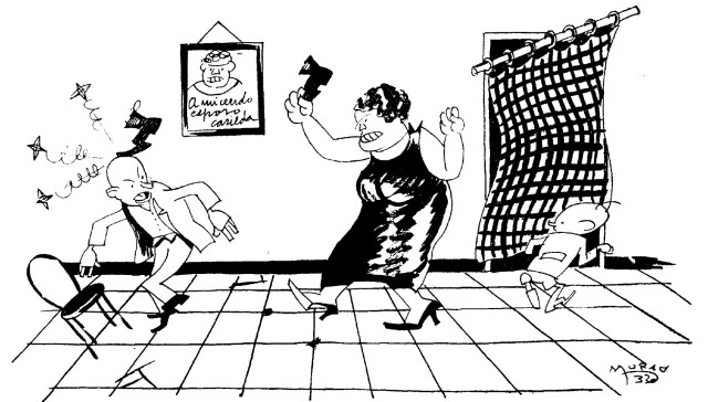 Caricatura de una mujer tirando una bota al marido cuando le pide el voto