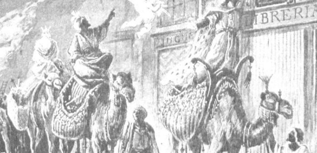 Los Reyes Magos dejando juguetes en los balcones ayudados por angelitos