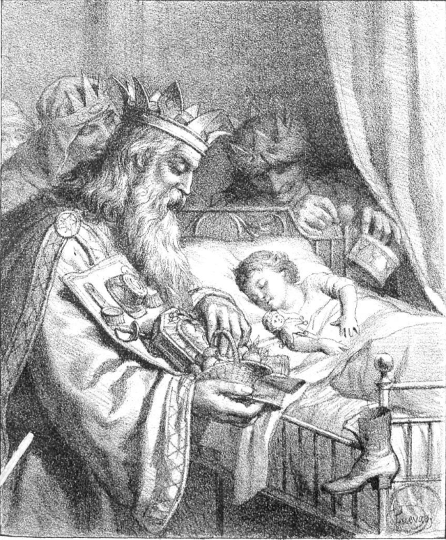 Los Reyes Magos llevando los juguetes a la cama de un niño dormido
