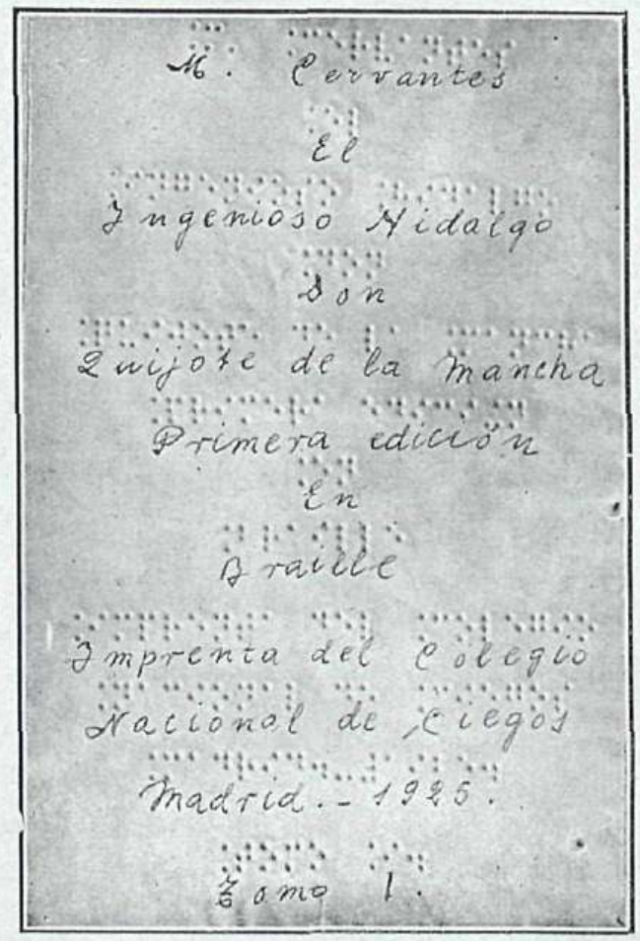 Plancha con la portada del Quijote en Braille