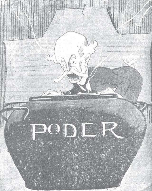 Un político sobre una olla gigante con la palabra Poder