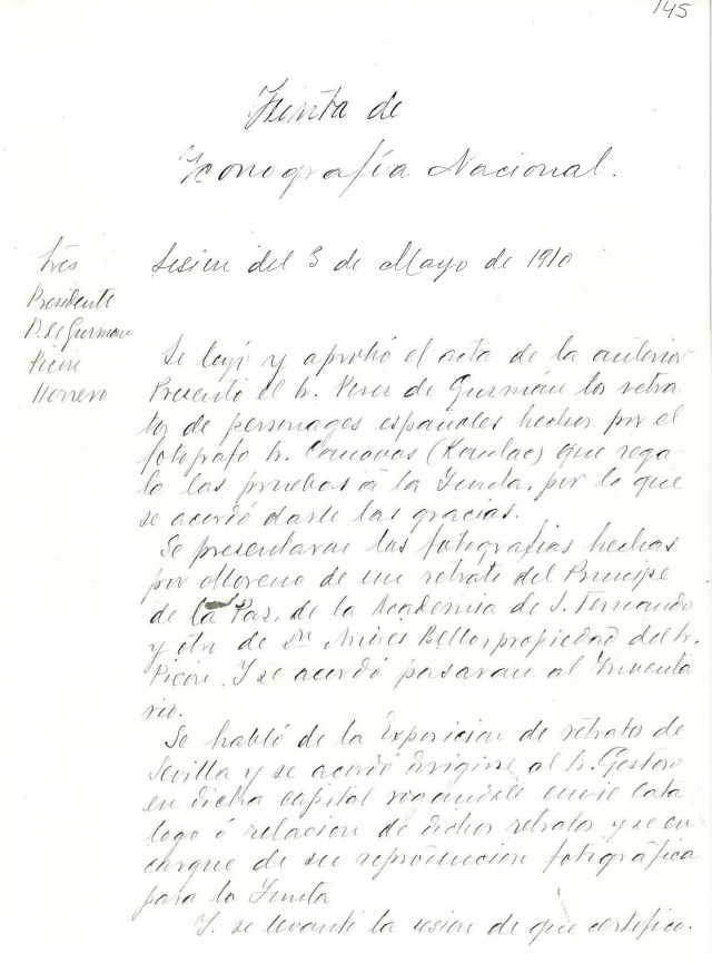 Acta de la sesión ordinaria de la Junta de Iconografía Nacional en la que se acepta la donación de unos retratos fotográficos ofrecidos por Kâulak. (3 mayo 1910). BNE-A, JIN 005, fol. 145r.