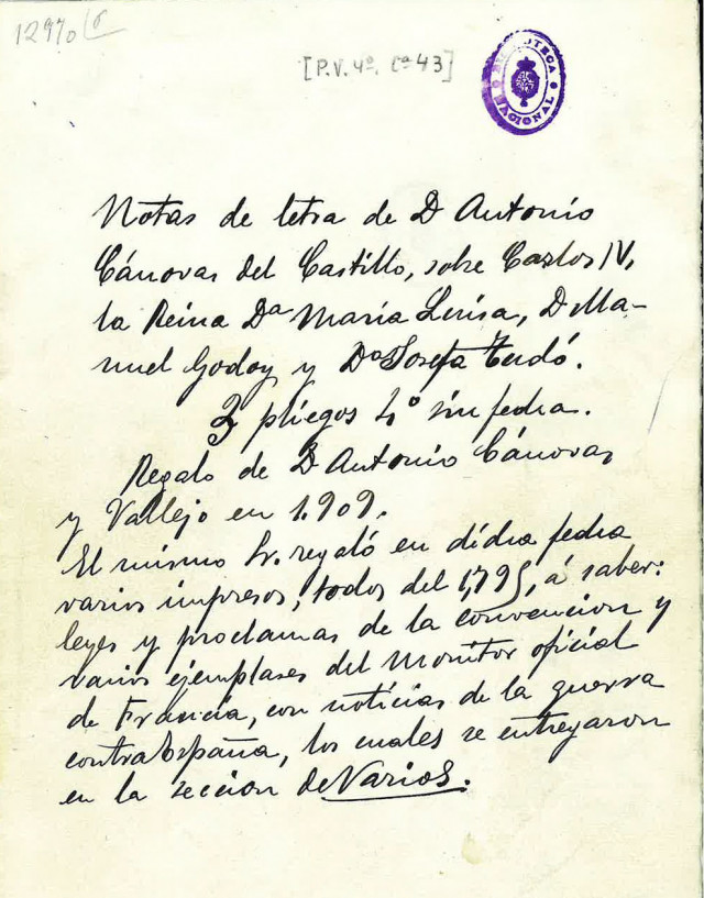 Antigua carpetilla de un manuscrito autógrafo de Cánovas del Castillo, con indicaciones bibliográficas a las donaciones de Kâulak. MSS.12970/6