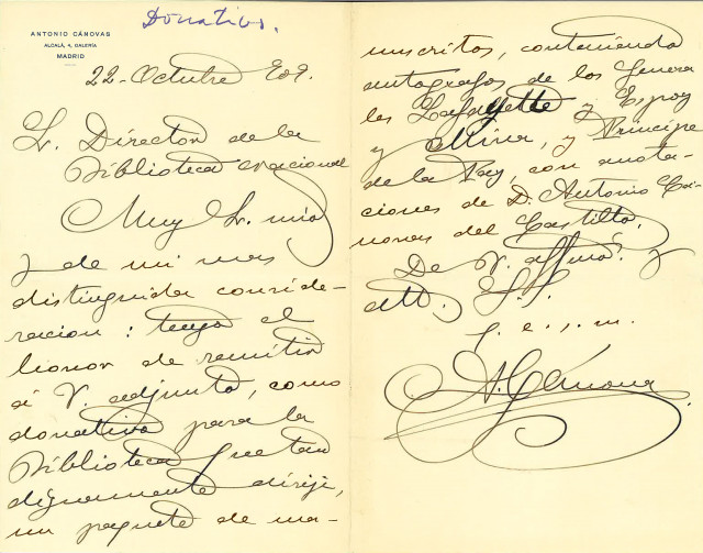 Carta autógrafa de Antonio Cánovas del Castillo, Kâulak (22 octubre 1909) BNE-A, BN 0066/108