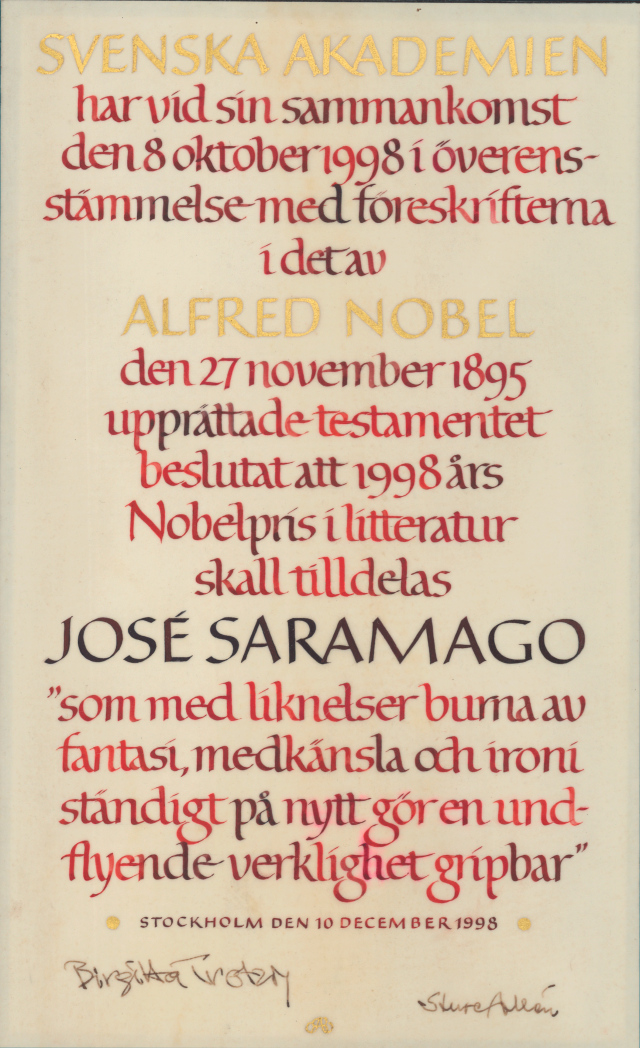 Diploma do Prémio Nobel da Literatura, 1998 (BNP Esp. N45/186)