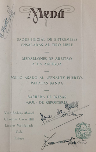 Menú del Homenaje a los Jugadores y Preparador técnico del Club de Fútbol de Arenys – 28/05/1950