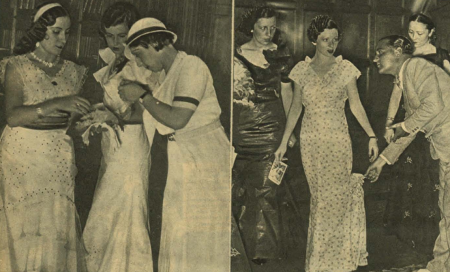 Miembros del jurado examinando los vestidos de las concursantes, en la tercera edición del concurso.