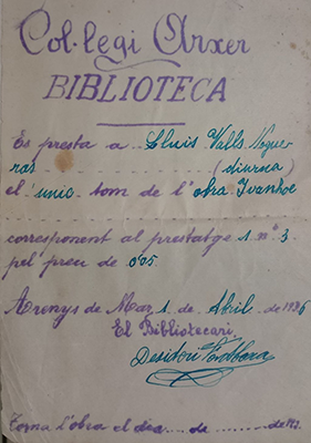 Papeleta de préstamo de la Biblioteca del Colegio Arxer - 01/04/1936