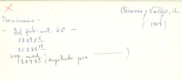 Antigua papeleta del fichero de procedencias de manuscritos en donde se registran las donaciones de Antonio Cánovas del Castillo Vallejo. BNE-A, Registro Topográfico 0284/001